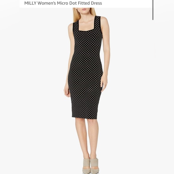 MILLY Women's Micro Dot Fitted Dress, black and white polka-dot. Midi size 6 P - Picture 1 of 7